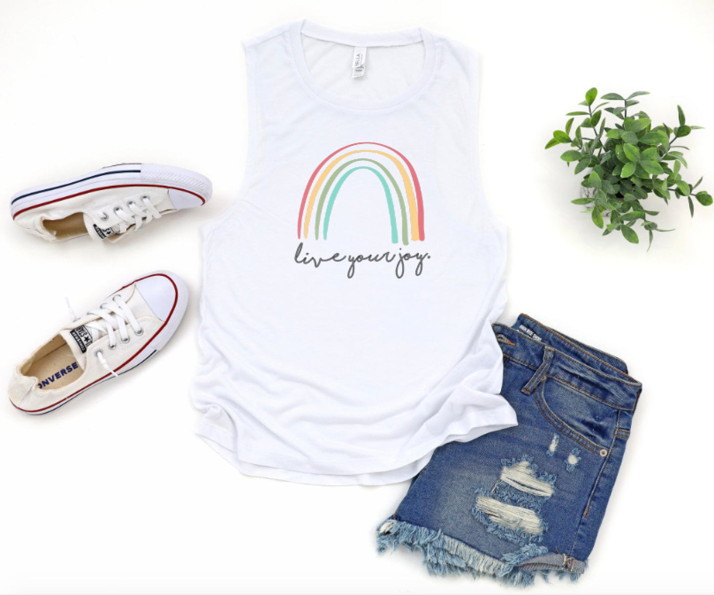 Live Your Joy Rainbow Muscle Tank (Cursive)