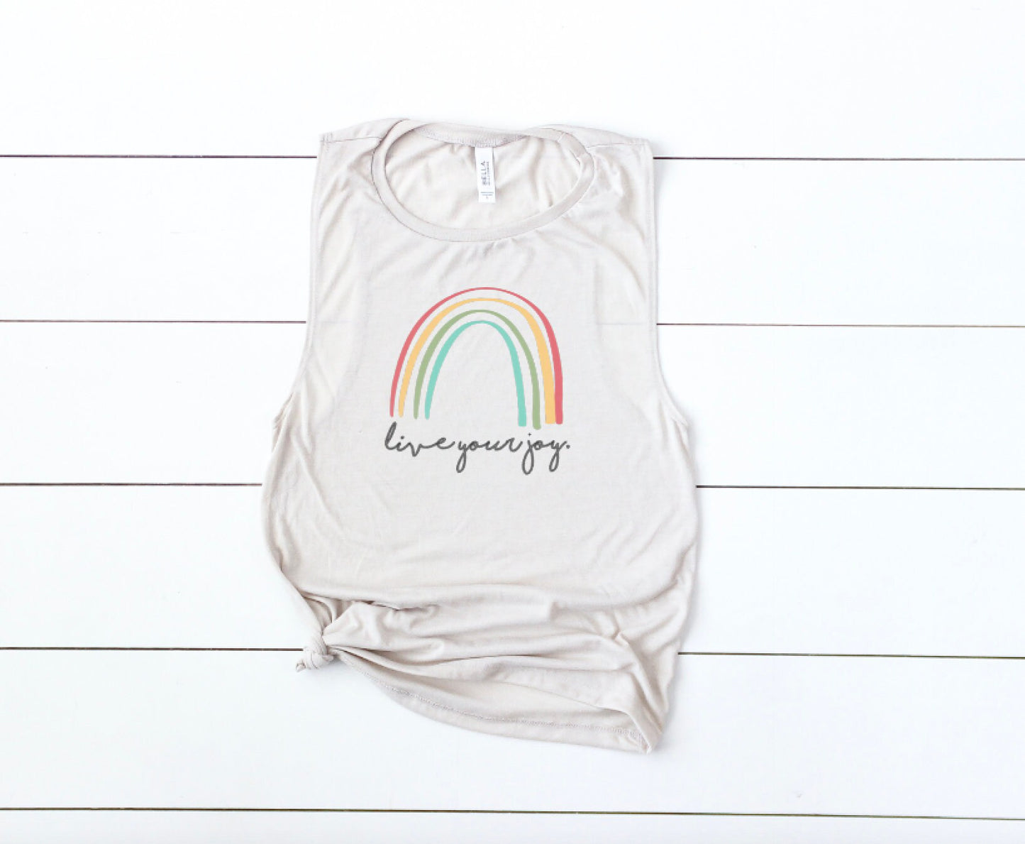 Live Your Joy Rainbow Muscle Tank (Cursive)