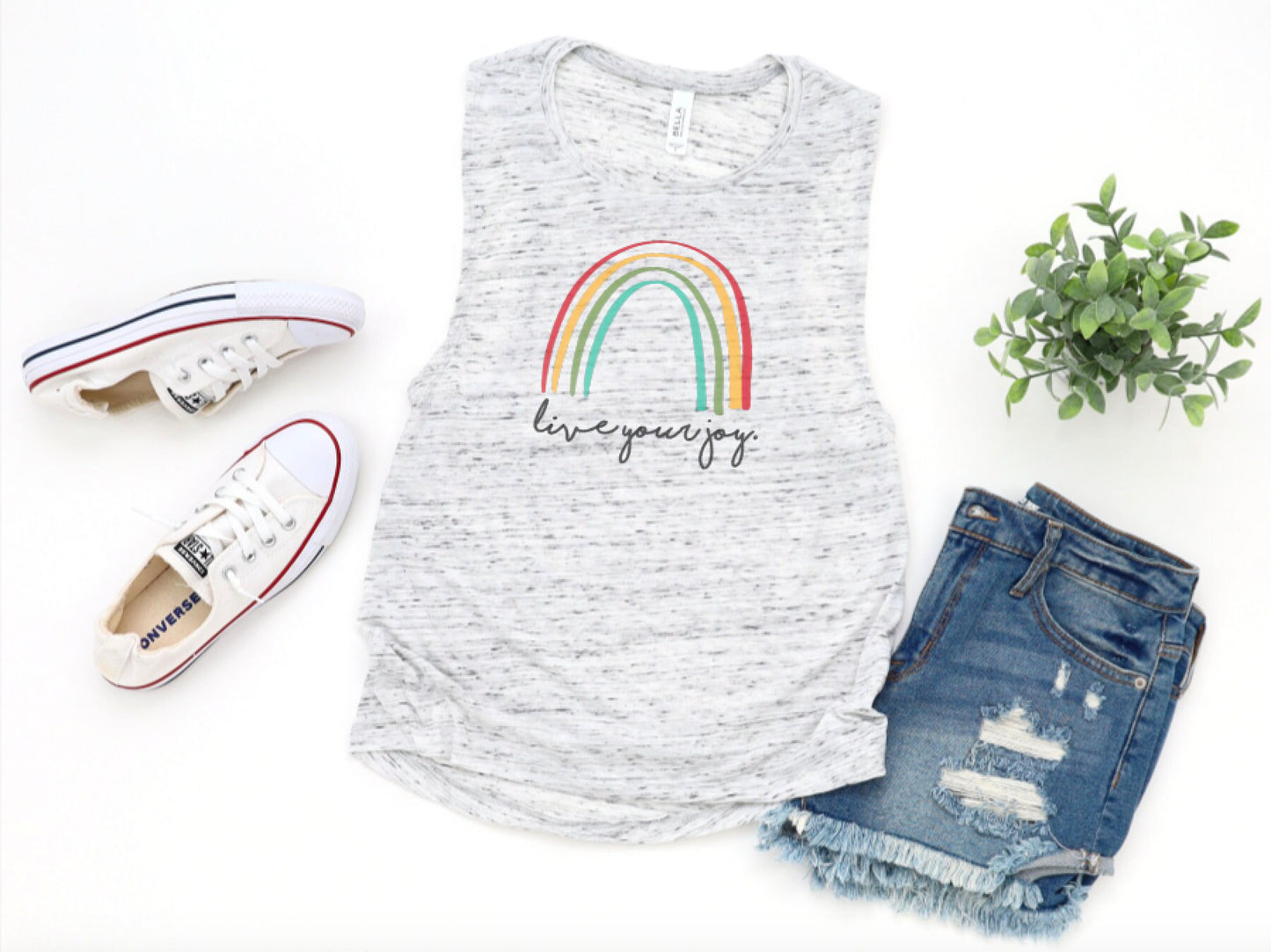 Live Your Joy Rainbow Muscle Tank (Cursive)