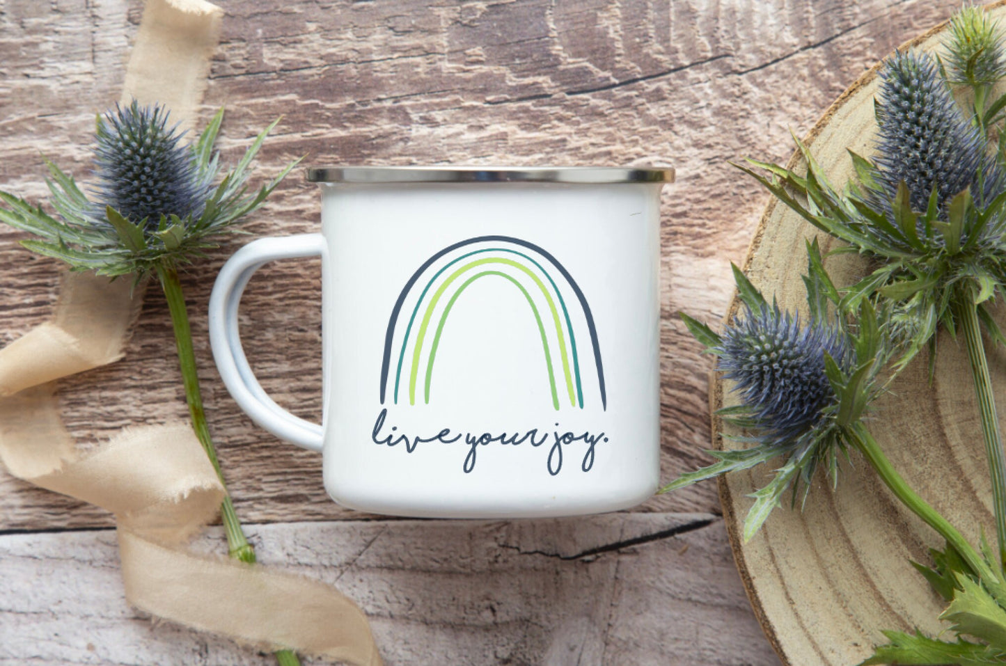 Live Your Joy Blue Green Rainbow Mug