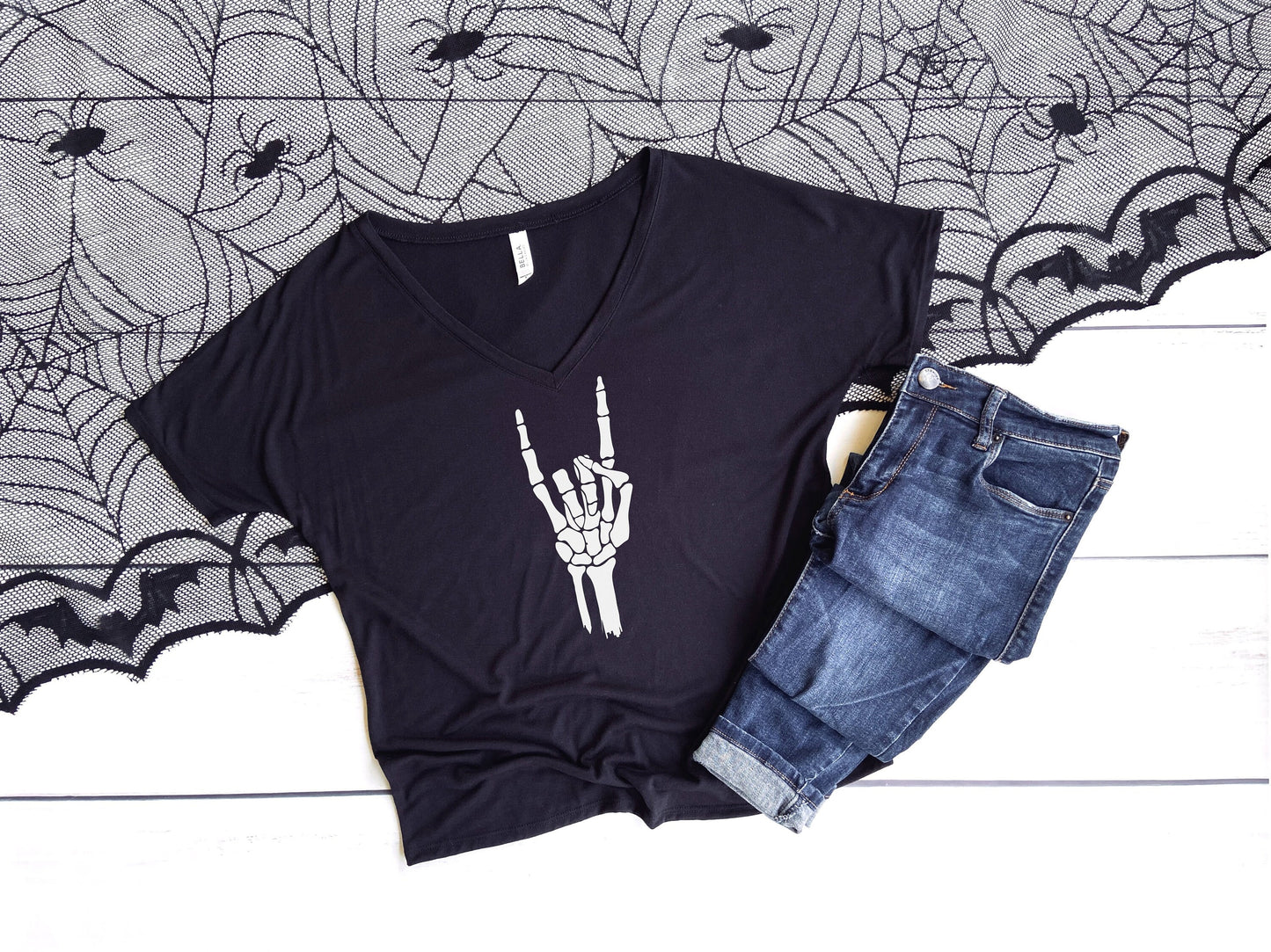 Slouchy Halloween Skeleton Hand Rock On Shirt